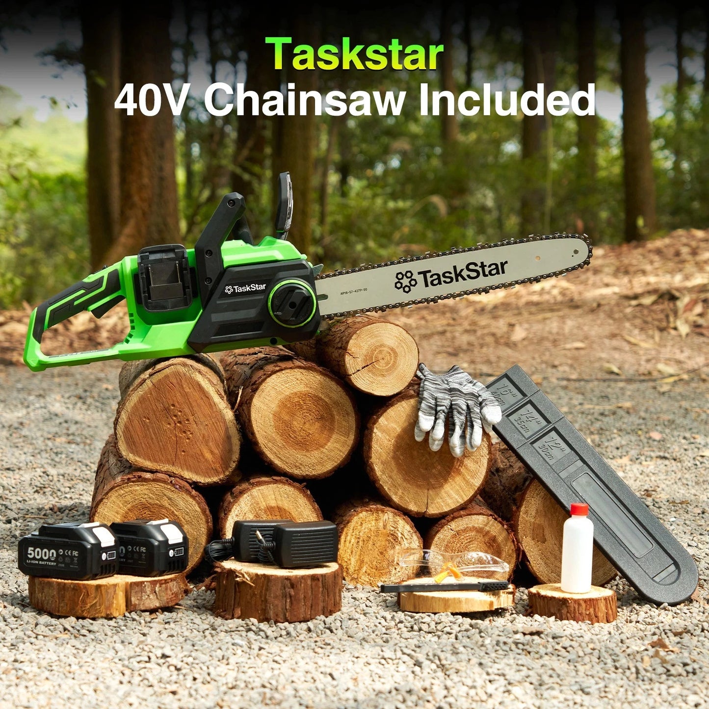TaskStar 40V 16" Cordless Chainsaw With Auto-Oiler&Tool-Less Chain Tension 2x5.0Ah Batteries Powered Electric Saws For Logging