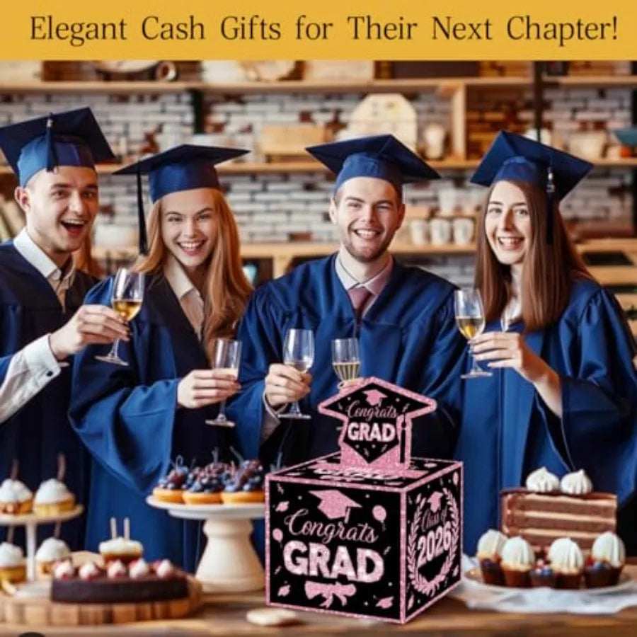 2026 Graduation Money Gifts Pull Box for Cash, Black and Pink Class of 2026 Graduation Money Holder for Grad Party