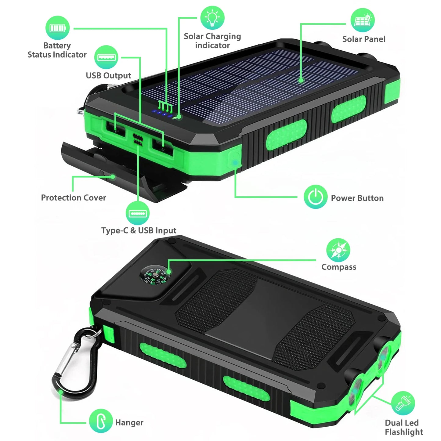 10000mAh Solar Power Bank Waterproof Outdoor Dual USB Ports