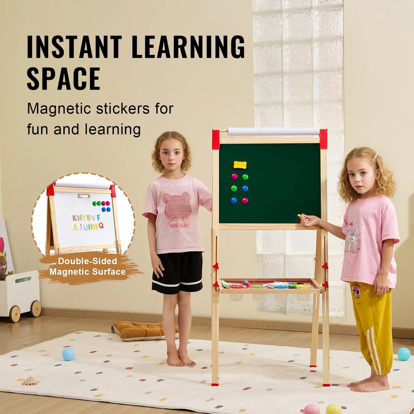 SucceBuy Magnetic Drawing Board For Kids Wooden Double Sided Whiteboard Easel