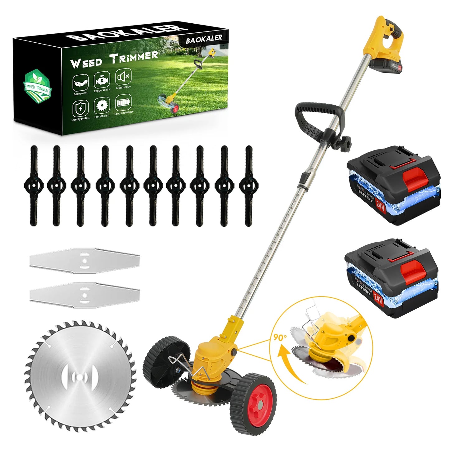 3-in-1 Cordless Grass Trimmer with Wheels Electric Edger Trimmer Portable Lawn Mowe 24V 2 Battery Powered Lawn Garden Tool