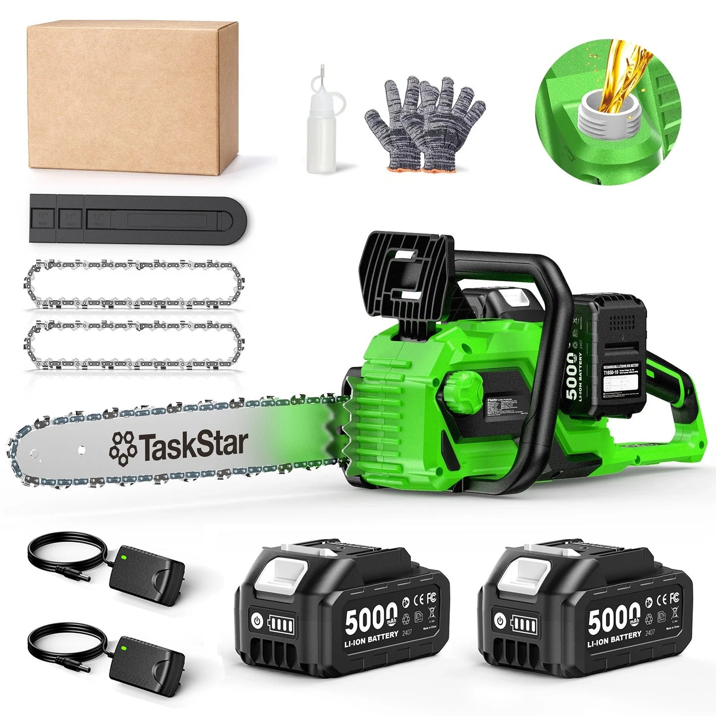 TaskStar 40V 16" Cordless Chainsaw With Auto-Oiler&Tool-Less Chain Tension 2x5.0Ah Batteries Powered Electric Saws For Logging