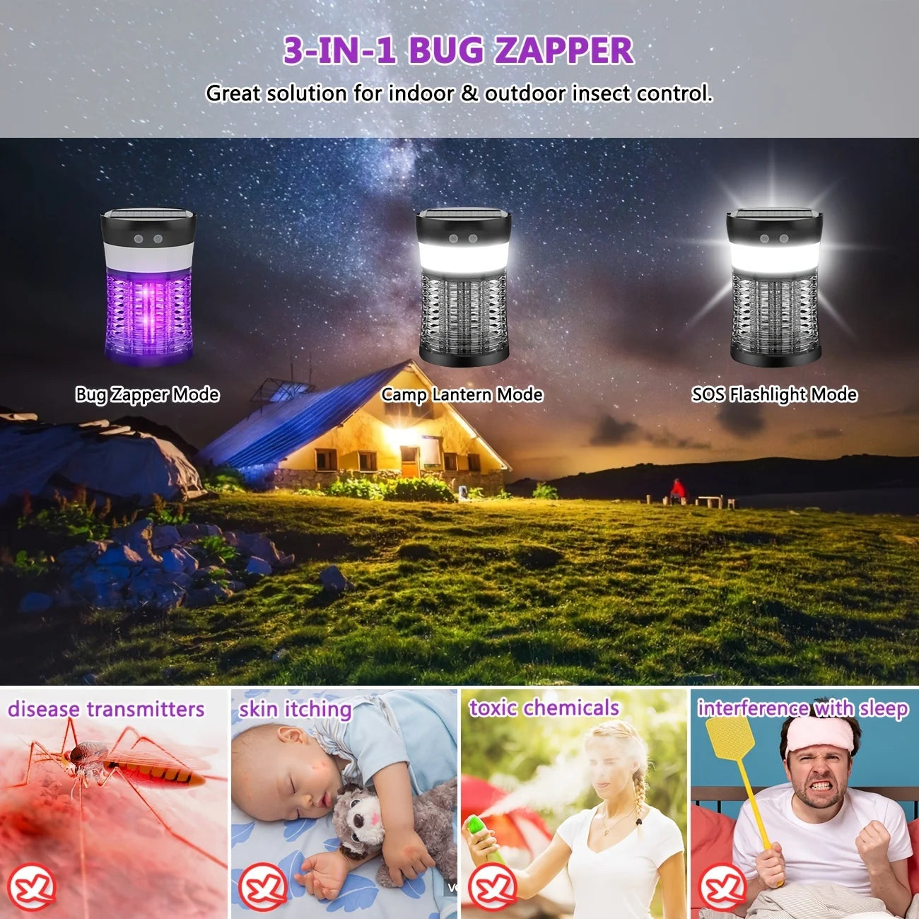 Bug Zapper Solar Mosquito Killer 3000V Rechargeable Indoor Outdoor