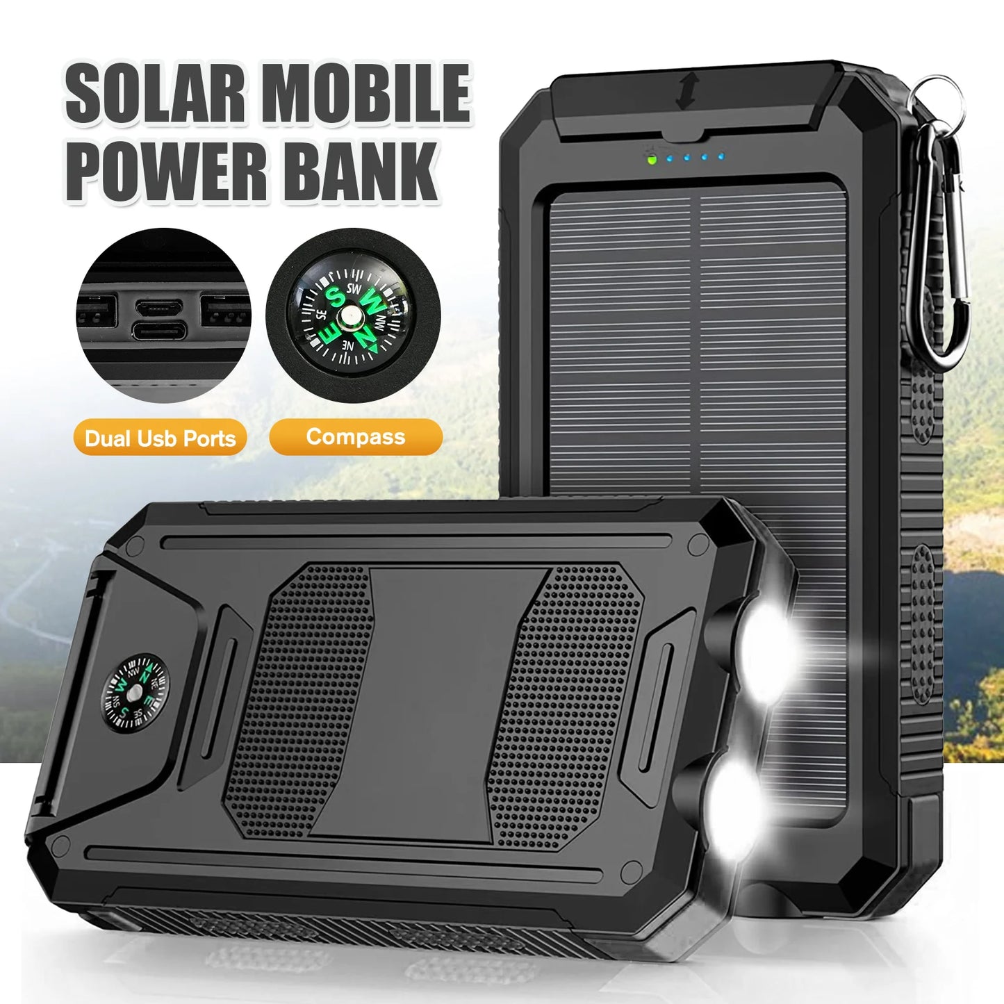 10000mAh Solar Power Bank Waterproof Outdoor Dual USB Ports