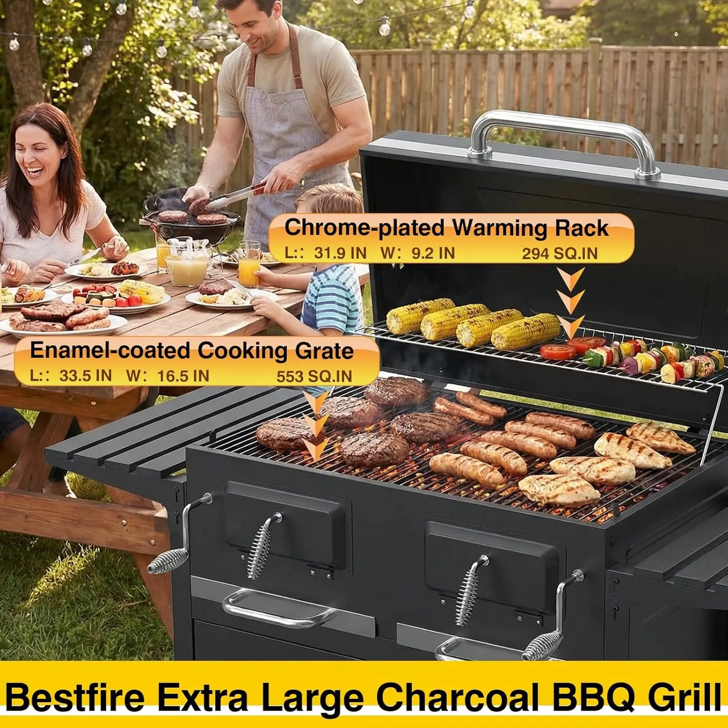 Charcoal BBQ Grill And Smoker With Dual Liftable Trays For Outdoor Backyard