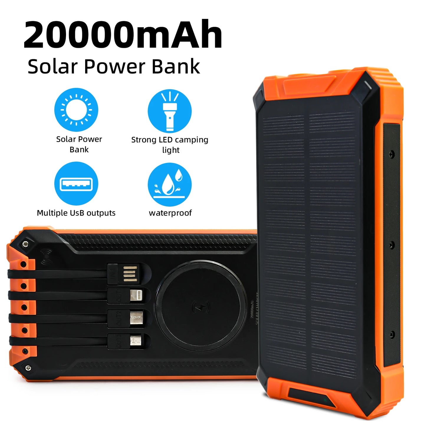 20000mAh Portable Solar Power Bank With Wireless Charging 18W Dual LED Lights