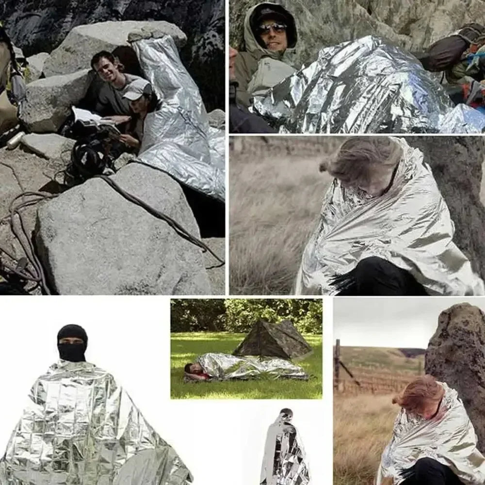 Emergency Thermal Poncho Blanket Water Resistant Windproof Sunshade For Camping