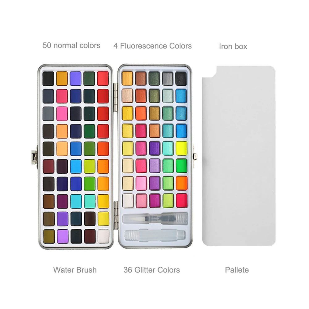 50/90 Color Solid Watercolor Paint Set Glitter Portable Metal Box Watercolor Pigment squirrel hair brush nail art