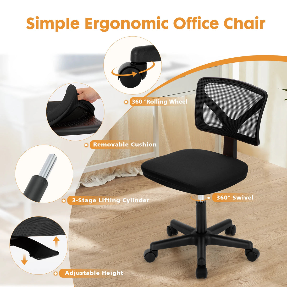 JHK Mesh Back Lumbar Support Armless Swivel Office Chair