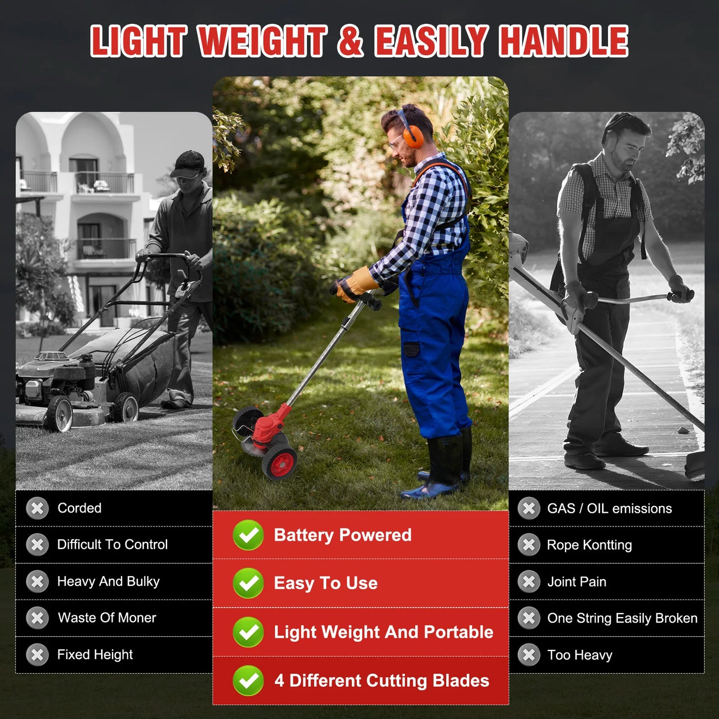 21V Electric Lawn Mower Cordless Grass Trimmer Garden Strimmers 3-in-1 Fodable 2x2.0Ah Batteries Power Tool for Lawn Garden Yard