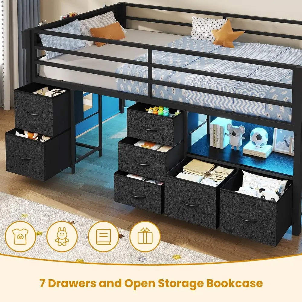 LISM Low Loft Bed With Storage Drawers Bookcase LED Lights