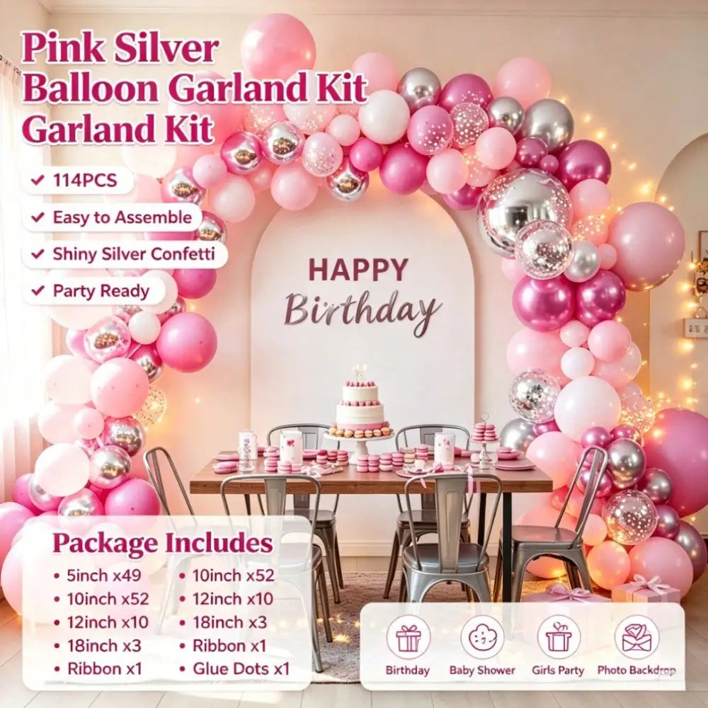 114pcs Pink Silver Balloon Garland Arch Kit, Light Pink Hot Pink Metallic Silver Latex Balloons, for Girls Birthday Princess Party Baby Shower Bridal Shower Wedding Photo Backdrop Decor Supplies