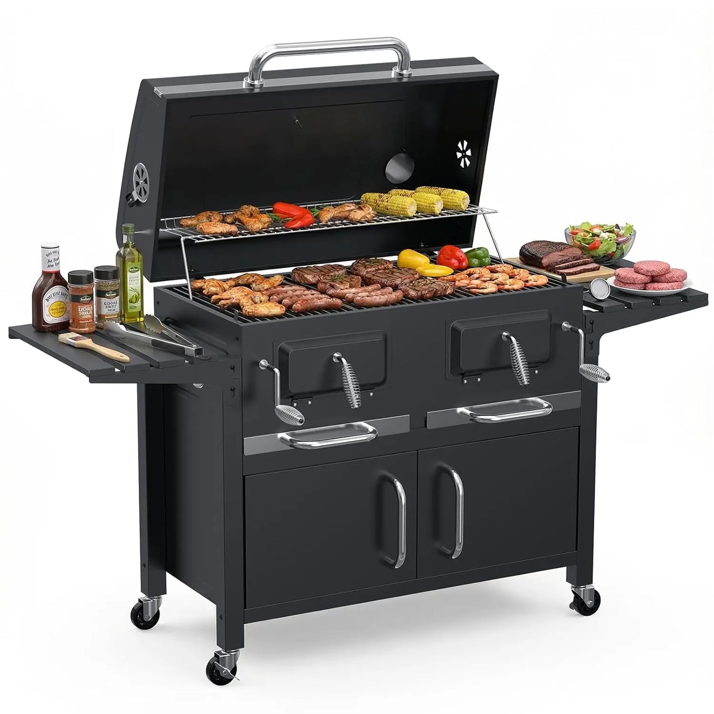 Charcoal BBQ Grill And Smoker With Dual Liftable Trays For Outdoor Backyard