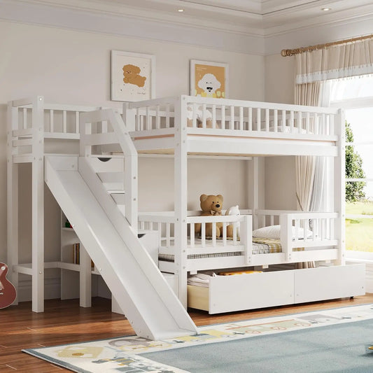Bunk Bed With Slide Storage Drawers Staircase In Pine Wood