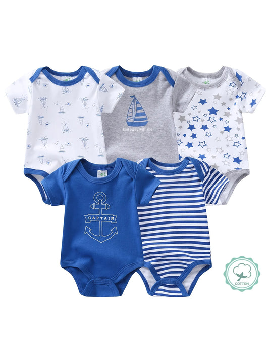 5PCs Baby Boy Triangle Cotton Rompers Short Sleeve Bodysuit Jumpsuit