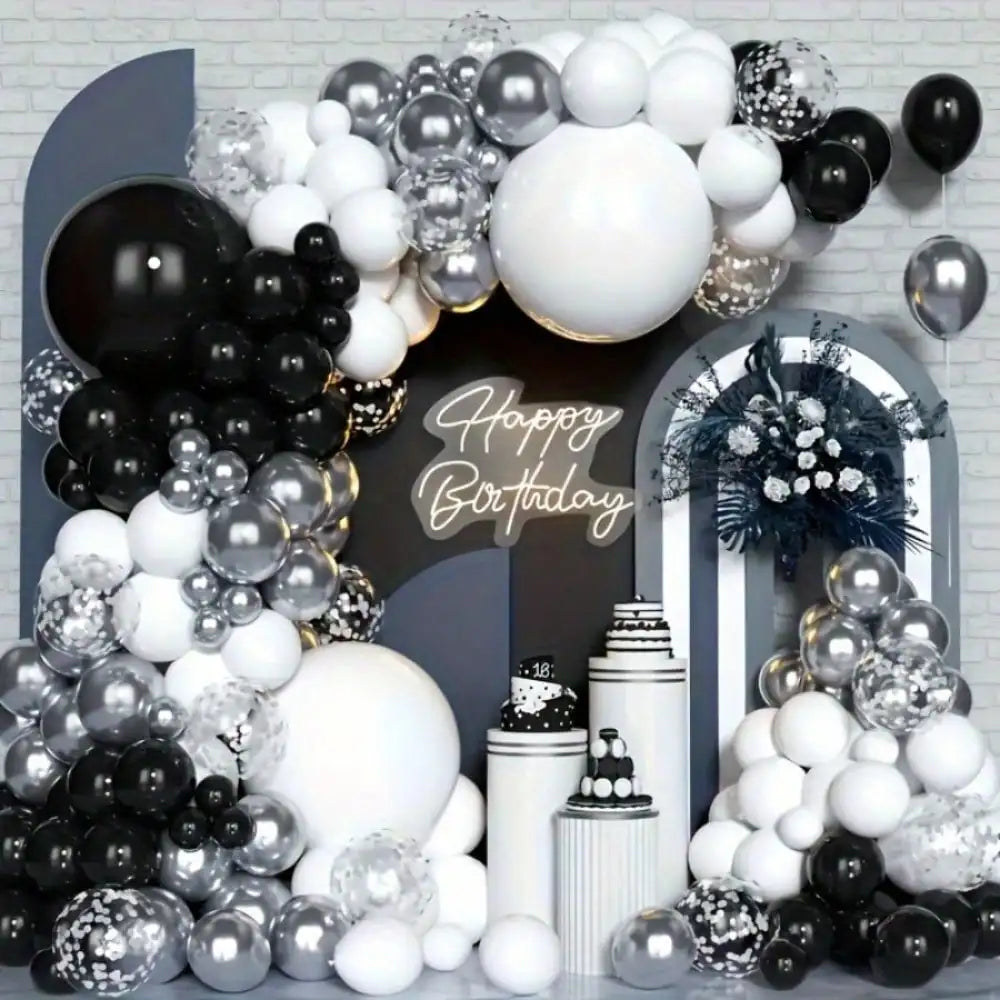 92pcs Black White Silver Balloon Garland Arch Kit, Metallic Silver Confetti Latex Balloons with Pump, for Birthday Wedding Graduation Baby Shower Party Photo Backdrop Decor Supplies