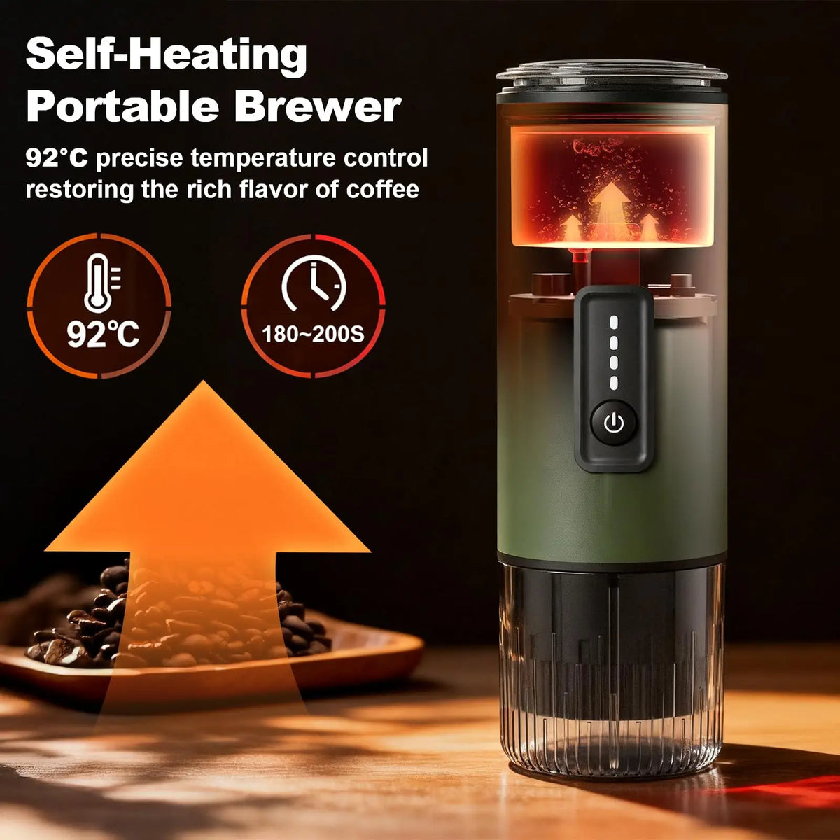 Portable Self Heating Espresso Maker for Coffee Grounds and Pods