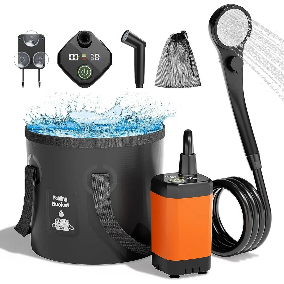 MORIKO Rechargeable Camping Shower With Collapsible Bucket