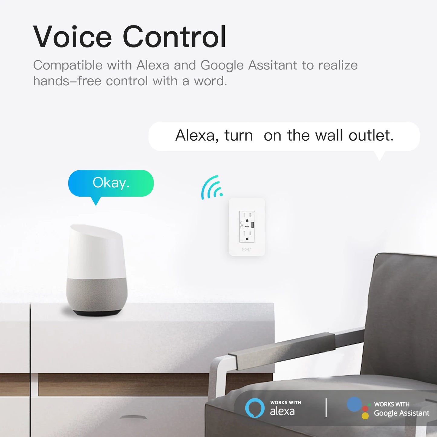 MOES WiFi Smart Power Wall Socket With USB Type-C Outlet, Alexa And Google Home