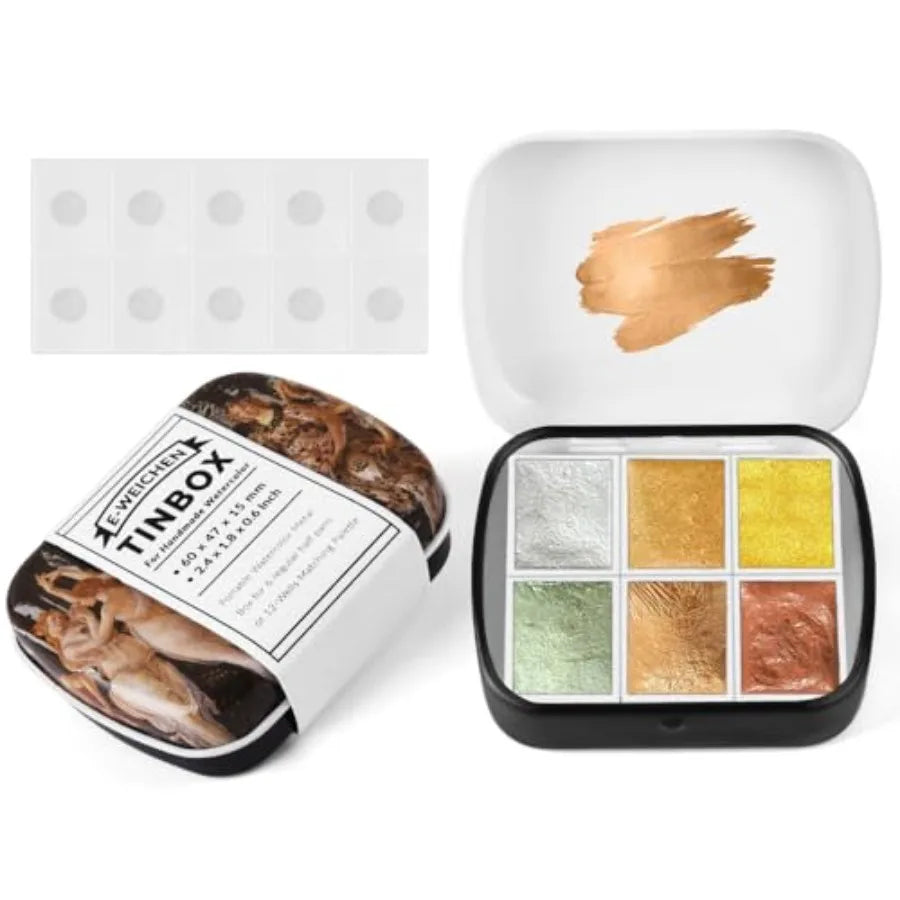 Art Supplies Handmade Watercolor Paint Set - 6 Metallic Gold Colors Half Pans Glitter Solid Water Color- Metal Case Sparkle Pea